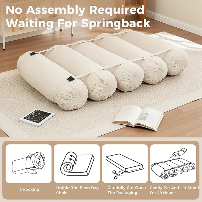 Ekskiei Bean Bag Chair, Corduroy Sectional, Flexible Floor Seating Lazy Sofa, Soft Foam Filled Lounger, Non-Removable Cover, Reconfigurable Design,Living Room,Bedronm&Offices,Beige
