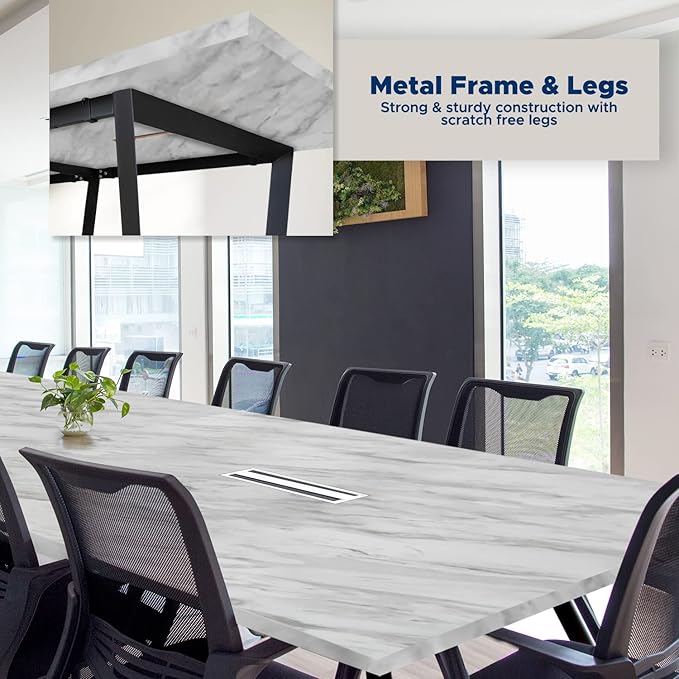 ahliss Sturdy Conference Table with Cable Management Grommets Modern Rectangle Office Meeting Table with Wood Tabletop and Metal Frame & Legs- Easy Assembly Boardroom Table (White Marble, 12 Foot)