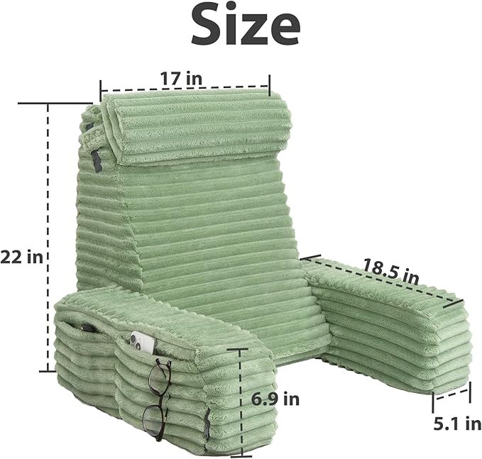 ENITYA 22" XL Reading Pillow with Armrests & Large Pockets, Supportive Back Pillow with Removable Cover, Ideal for Watching TV, Gaming, Resting, Sitting Up in Bedroom, Dorm, Sage Green