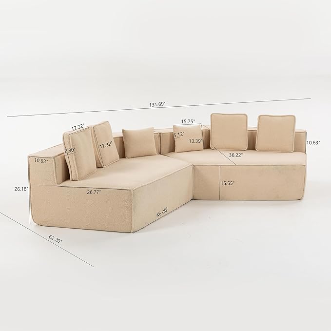 KEIKI 132" Oversized Teddy Modular Sectional Sofa Full Foam Cushion Support Ultra Soft Oversized Lounge Couch for Family Living Room Relaxing Gathering Reading Corner Modern Home Seating