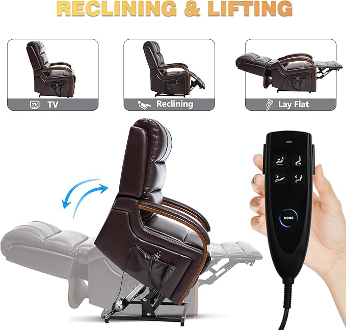 Dual Motor Power Lift Recliner Chair, Lay Flat Recliner, Lift Chair with Massage and Heat, Standing Assistance, Infinite Position Reclining, Living Room Chair (Faux Leather Dark Brown)