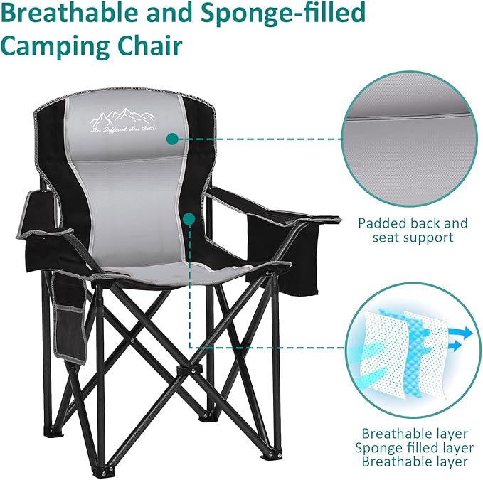 SAILARY Camping Chair Heavy Duty High Back Folding Chair with Cup Holder, 450lbs Capacity, Padded Seat, Cooler Bag & Storage Pocket, Portable for Outdoor, Beach, Fishing, Sports, Black