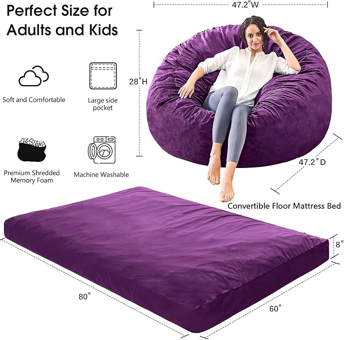 Bean Bag Chairs for Adults - Giant Bean Bag Chair Convertible Bean Bag Bed - Beanbag Chair with Micro Fiber Cover/Furniture Foam Filler - Floor Couch Sofa in Bedroom Dorm Room - Queen Purple