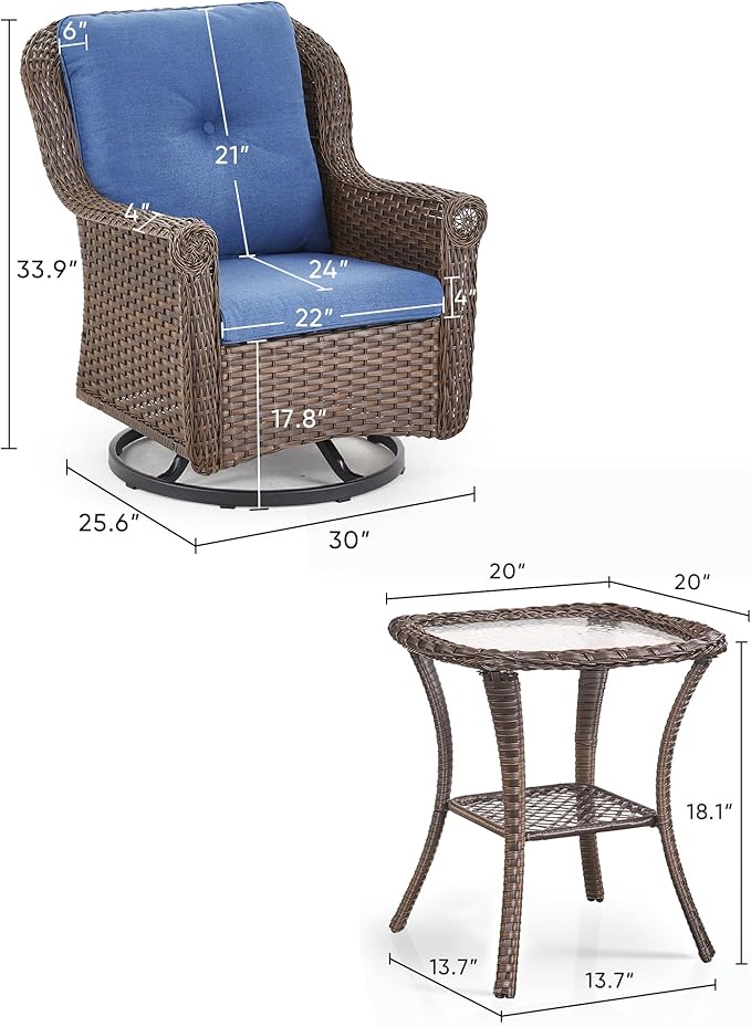 ACTREST 3 Piece Patio Swivel Chairs and Side Table Set - High Back Outdoor Brown Wicker Rattan Rocking Glider with Thick Cushions for Porch Apartment Deck Yard Poolside Garden - Navy Blue