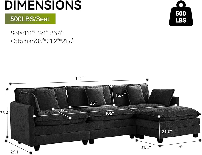 UMBFUN 3-Seater Cloud Couch with Ottoman, Oversized Comfy Modular Sectional L Shaped Sofa with Deep Seats, Chenille Couch for Living Room, Dark Grey