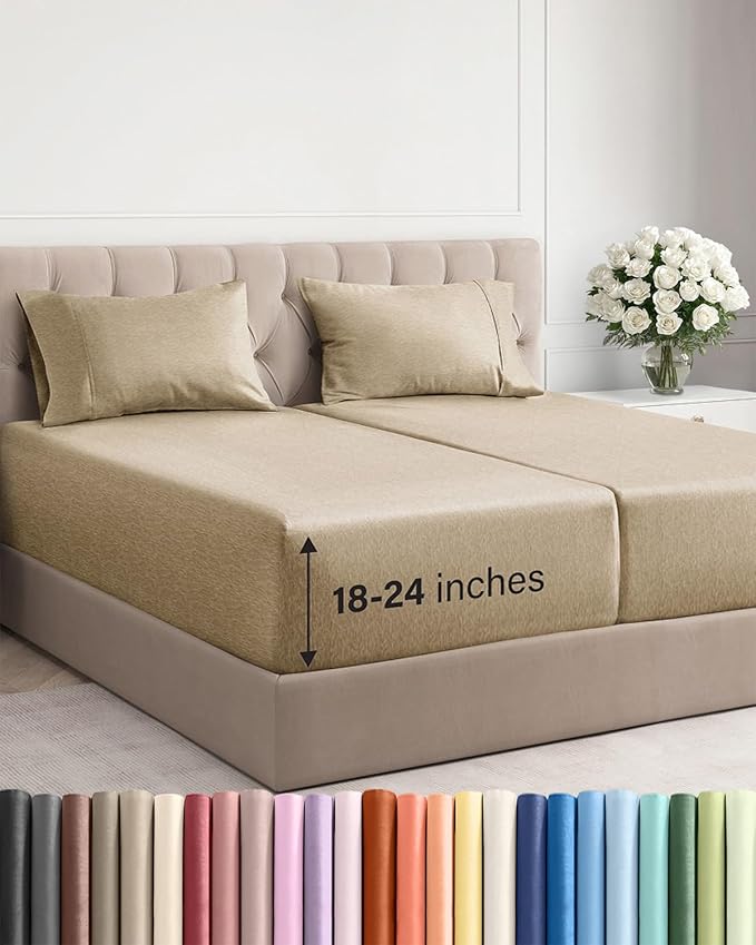 Extra Deep Pocket Split King Sheets - 5 Piece Breathable & Cooling Bed Sheets - Hotel Luxury Bed Sheet Set - Soft, Wrinkle Free & Comfy - Easily Fits Extra Deep Mattresses - Heathered Tan Sheets Set