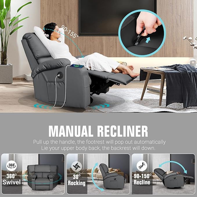 LAFWELL Rocking Recliner Chair, Massage Rocker Recliner Chair with Vibration Massage and Heat, USB and Type-C Ports,360° Swivel Faux Leather Chairs, Living Room, Bedroom, Nursery, RV, Dark Grey