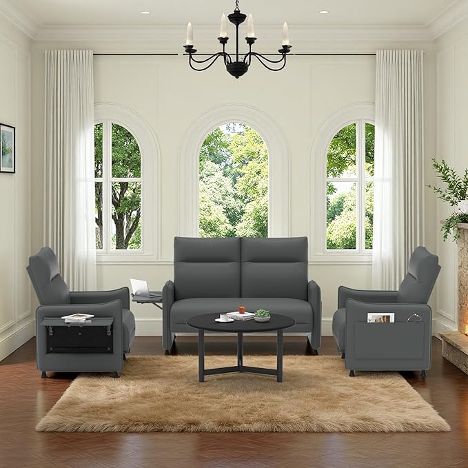3-Piece Living Room Sofa Set, Faux Leather Loveseat & Accent Chairs Set of 2 with Hidden Foldable Tray & Side Pocket, Front Contour Arm Design, Upholstered Sofa Set for Office, Gray