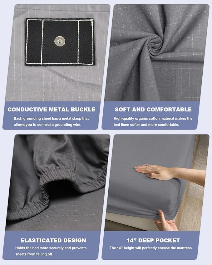 YOUBLAO Grounding Sheets Full Size (54x80x14in), 90% Organic Cotton + 10% Silver Fiber, Grounding Sheet for Bed, Fitted Grounded Sheet for Improved Sleep, Earth Sheets with 15FT Cord Gray