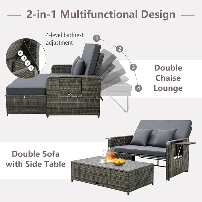 RELAX4LIFE Wicker Patio Outdoor Daybed - Rattan Day Bed Lounger with Loveseat & Storage Ottoman, Sunbed Sofa Set w/Cushions, 4-Level Adjustable Backrest & 2 Retractable Trays, Patio Daybed (Grey)