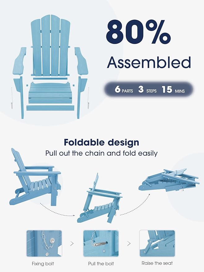 KINGYES Folding Adirondack Chair Set of 8, HDPE All-Weather Folding Adirondack Chair, Light Blue