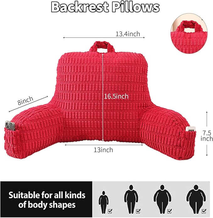 PAJEO Reading Pillow for Sitting in Bed, Large Backrest Reading Pillow with Arm Rest,Back-Rest Support Cushion for Sit Up on Couch, Sofa, and Floor, Dorm Essentials (Red Corduroy, Standard(17"))