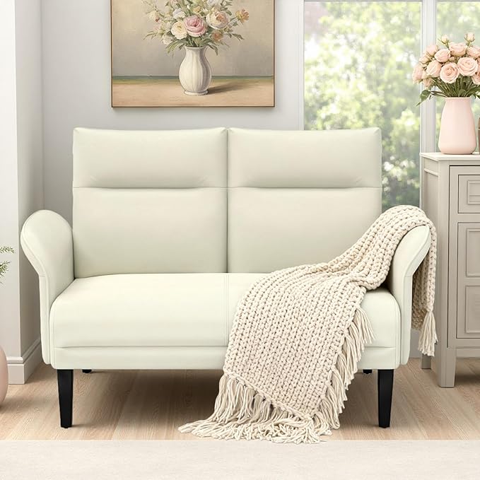 Faux Leather Loveseat with Wide Armrests, Symmetrical Shawl Arm 2-Seater Sofa, Upholstered Modern Loveseat with Wooden Legs for Small Living Room, Apartment, Beige