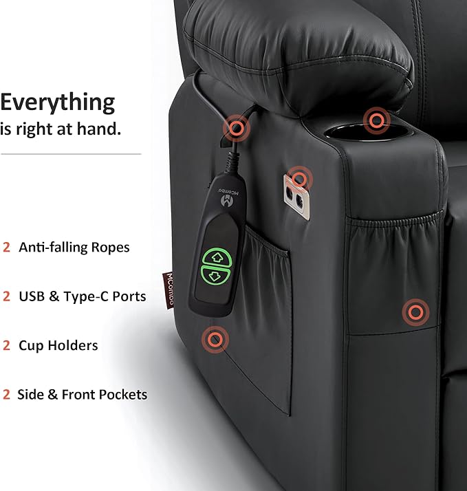 MCombo Large Power Lift Recliner Chair with Massage and Heat for Tall Elderly People, 3 Positions, Cup Holders, and USB Ports, Faux Leather 7516 (Large, Black)