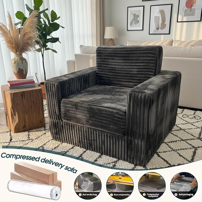 Segreto Lazy Floor Sofa for Adult Plush Lounger Armrest Bean Bag Chairs with Memory Foam Filler Ultra Soft Fluffy Large BeanBag Chair for Living Room Dorm Bedroom,Dark Grey