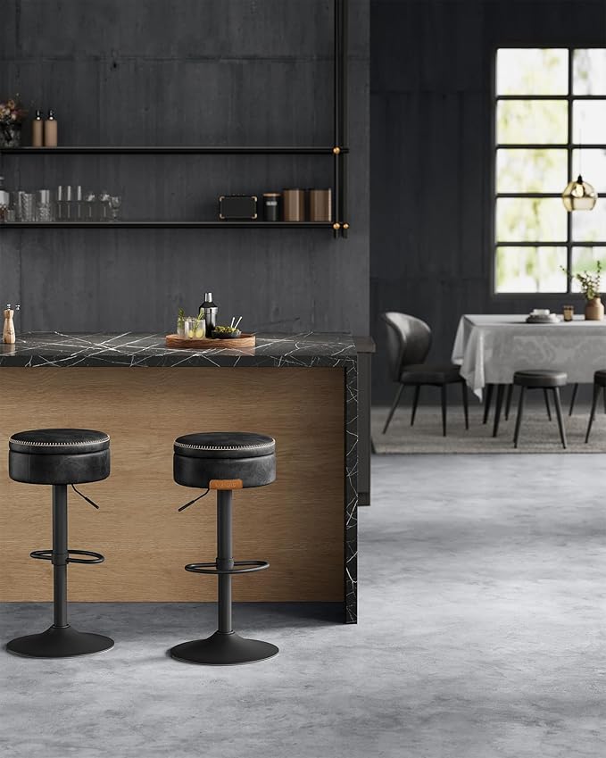 VASAGLE EKHO Collection - 360° Swivel Bar Stools Set of 2, Height Adjustable Barstools with Storage, Synthetic Leather with Stitching, Mid-Century Modern, Kitchen Bar, Easy Assembly, Ink Black