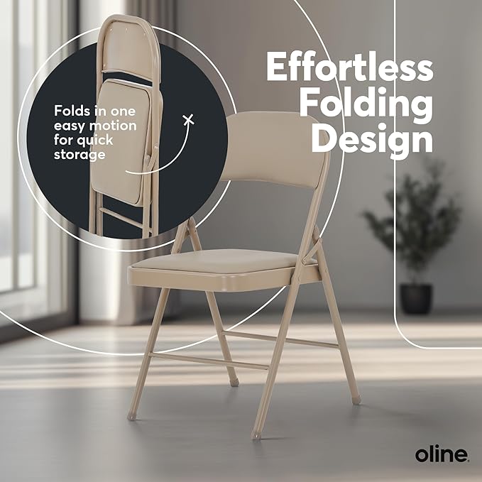 Oline Vinyl Folding Chairs, Padded Vinyl Cushion Chairs with Durable Metal Frame, Indoor Outdoor Stackable Foldable Guest Chairs for Office Wedding Kitchen Dining, 300lb Capacity (Khaki, 1 Pack)