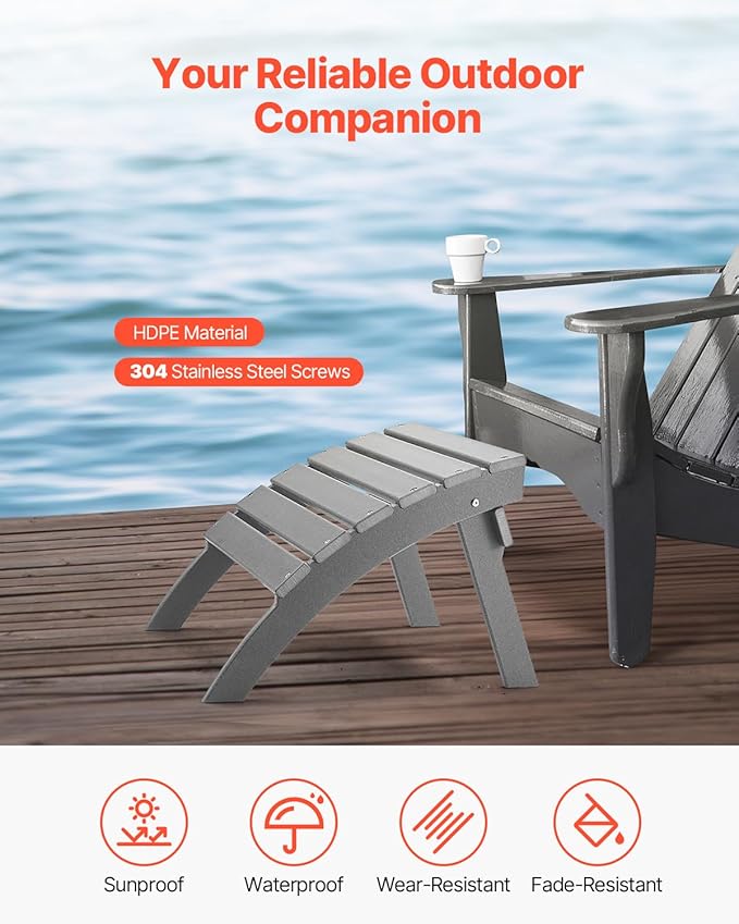 VEVOR Adirondack Ottoman, 21.5L x 18.9W x 14.8H Inch HDPE Plastic Folding Adirondack Ottoman, Weather-Resistant Foot Rest for Adirondack Chair, Widely Used for Outside Porch Pool Lawn Backyard, Gray