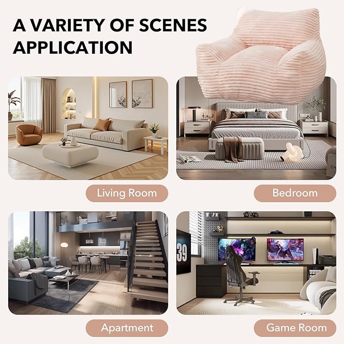 Giant Bean Bag Chair for Adults, Corduroy Upholstered Beanbag Chair with Side Pocket, Comfy Bean Bag Sofa with Portable Handle, Floor Sofa Chair for Bedroom (Pink)