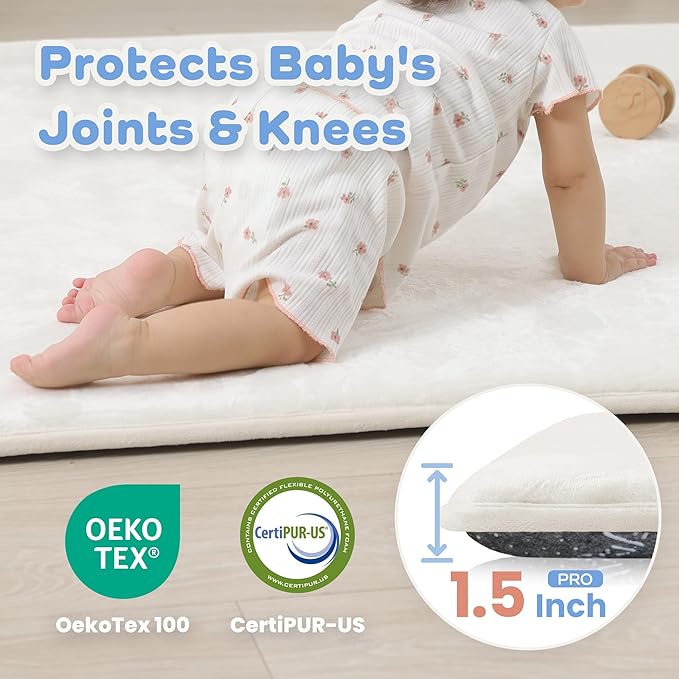 PaPaMat 1.5" Thick Baby Play Mat for Floor, 59x79 Playpen Mat, Pro Soft Flannel Foam Mats Toddler Infant Kids Crawling for Nursery Rug Playroom Living Room Waterproof Easy Care Non-Slip (Cream)