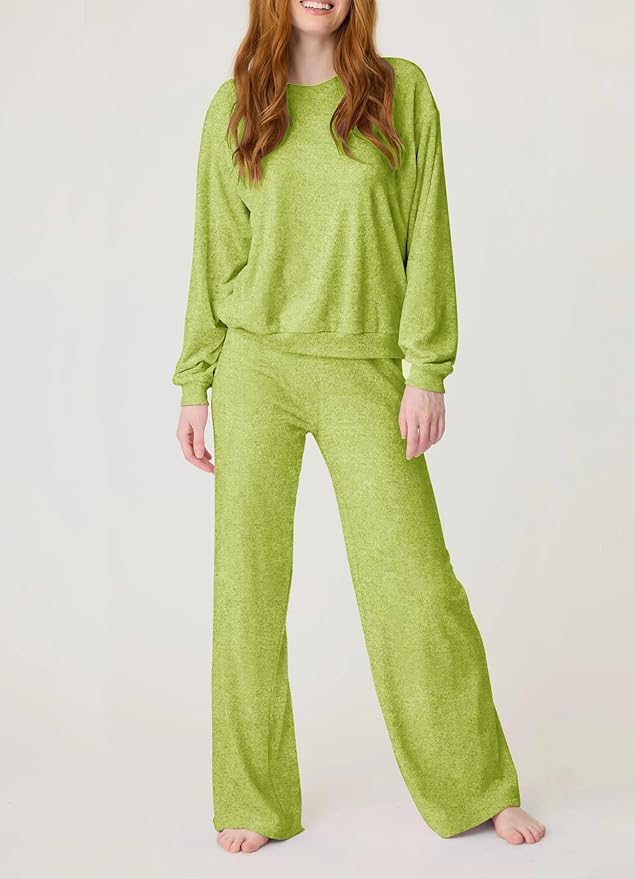 Aamikast Women's 2-Piece Lounge Set Soft Brushed Jersey Sleepwear Pajamas Set Long Sleeve Top & Wide Leg Pants