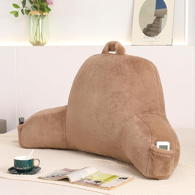 PAJEO Reading Pillow for Sitting in Bed, Large Backrest Reading Pillow with Arm Rest,Back-Rest Support Cushion for Sit Up on Couch, Sofa, and Floor, Dorm Essentials (Khaki Faux Fur, Large(19"))