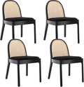 HEAH-YO Rattan Dining Chairs Set of 4, Upholstered Sherpa Dining Room Chairs with Backrests, Modern Kitchen Chairs with Wood Legs for Dining Room, Black