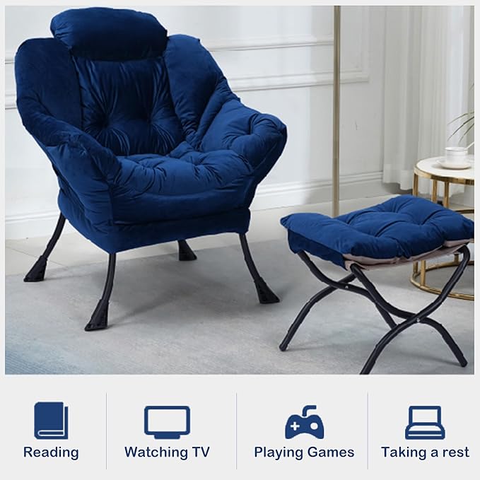 Modern Lazy Chair with Ottoman, Comfortable Lounge Chair for Bedroom, Chair and Ottoman Set, Lounge Accent Chair with Footrest for Bedroom, Garden and Courtyard