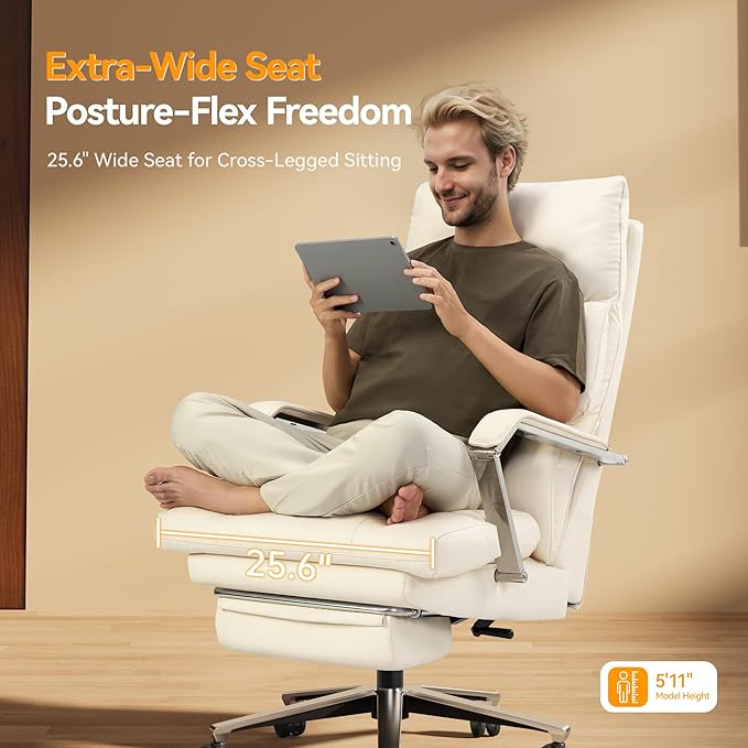 M76 Recline Office Chair with Footrest, 160° Infinite Reclining 10" Thick Executive Desk Chair, 420lb Heavy Duty Big and Tall, Adjustable Seat Depth, Cream
