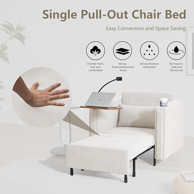 ORRD Pull Out Sofa Chair Bed, 2-in-1 Multi-Functional Sleeper Couch Small Loveseat Bed with Hidden Side Table, Phone Holder and Cup Holder for Living Room, Small Space, Apartment (White)
