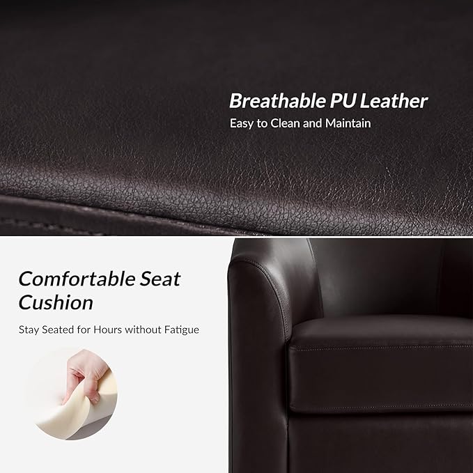 HULALA HOME Faux Leather Swivel Accent Chairs Set of 2 with Solid Wood Base, Round Swivel Barrel Chairs for Living Room and Bedroom, Brown