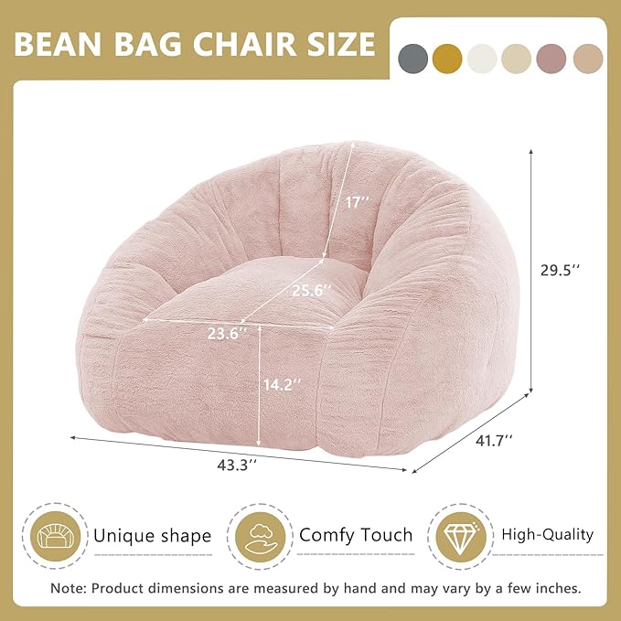 Bean Bag Chair for Adults, Soft Faux Fur Giant Beanbag Chairs, Oversized Cozy Bean Bag Couch Large Reading Chair, Comfy Bean Bag Sofa for Living Room, Bedroom & Dorm, Dusty Pink