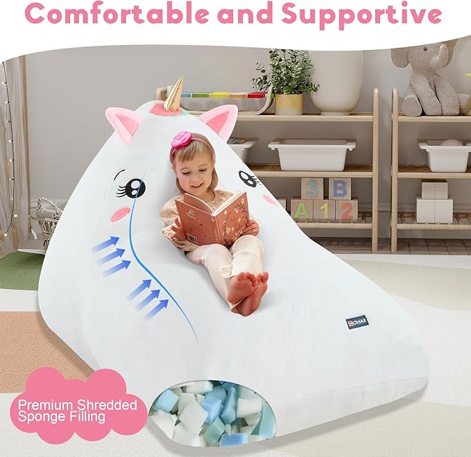 COMAX Unicorn Bean Bag Chairs for Kids 8-12, Large Kid Beanbag Chair with Filler, Big Toddler Lounge Bean Chair, Children Lazy Floor Lounger for Girls Boys, White