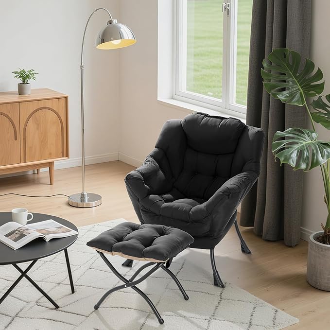 TLSUNNY Lazy Chair with Foldable Ottoman, Modern Comfy Lounge Chair, Large Sofa Armchair with Footrest and a Side Pocket, Reading Chair with Footstool for Bedroom, Living Room, Dorm (Black)