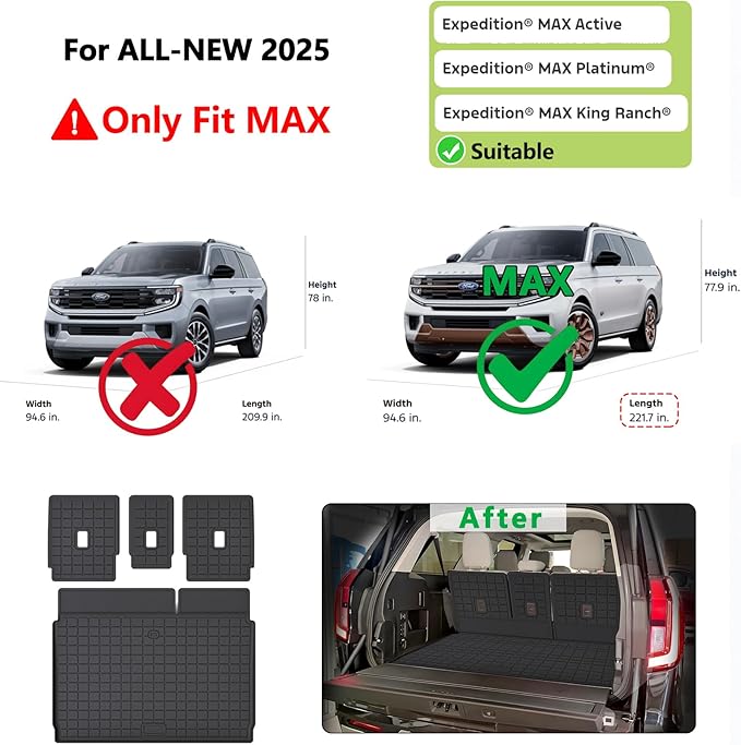 Cargo Mat for 2025 Ford Expedition MAX 7/8 Seats (Only Fit Max) & Backrest Mat,TPE All Weather Protection Car Trunk Mat Covering The Backrest Mat with Velcro Fastener Accessories