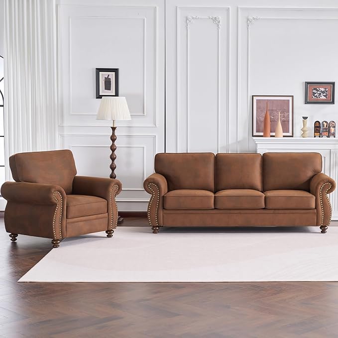 Couchus Living Room Furniture Sets,Sofa Sets and Couch Sets for Living Room,Mid-Century Vintage Sofa Couches with Rivet Design (Caramel, Single+Loveseat+3 Seater)