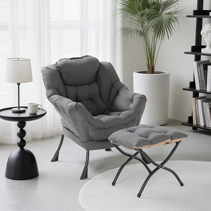 TLSUNNY Lazy Chair with Foldable Ottoman, Modern Comfy Lounge Chair, Large Sofa Armchair with Footrest and a Side Pocket, Reading Chair with Footstool for Bedroom, Living Room, Dorm (Dark Grey)