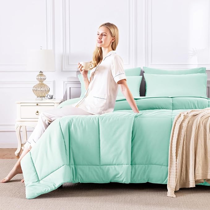 CozyLux Full Size Comforter Sets Mint Green, 7 Pieces Bed in a Bag, Green Comforter Full Size, All Season Bedding Sets with Stitch Quilted Comforter, Flat Sheet, Fitted Sheet, Pillowcases