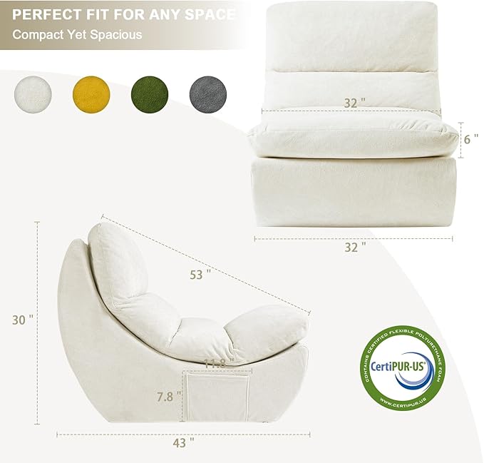 Comfy Reading Chair for Adults, Modular Sectional Sofa Chair, Cloud Boneless Couch Style with High Rebound Foam, Scratch-Resistant Fabric, Single Seat Compressible Sofa for Living Room & Bedroom