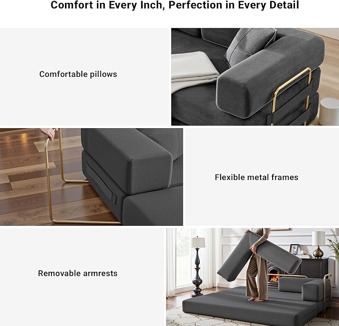 78" Convertible Sleeper Sofa Bed, Corduroy Folding Sofa Bed with Fixed-Shape Frame, Fold Out Floor Mattress Couch, Lazy Compression Sofas for Living Room, Bedroom, No Assembly Required, Grey