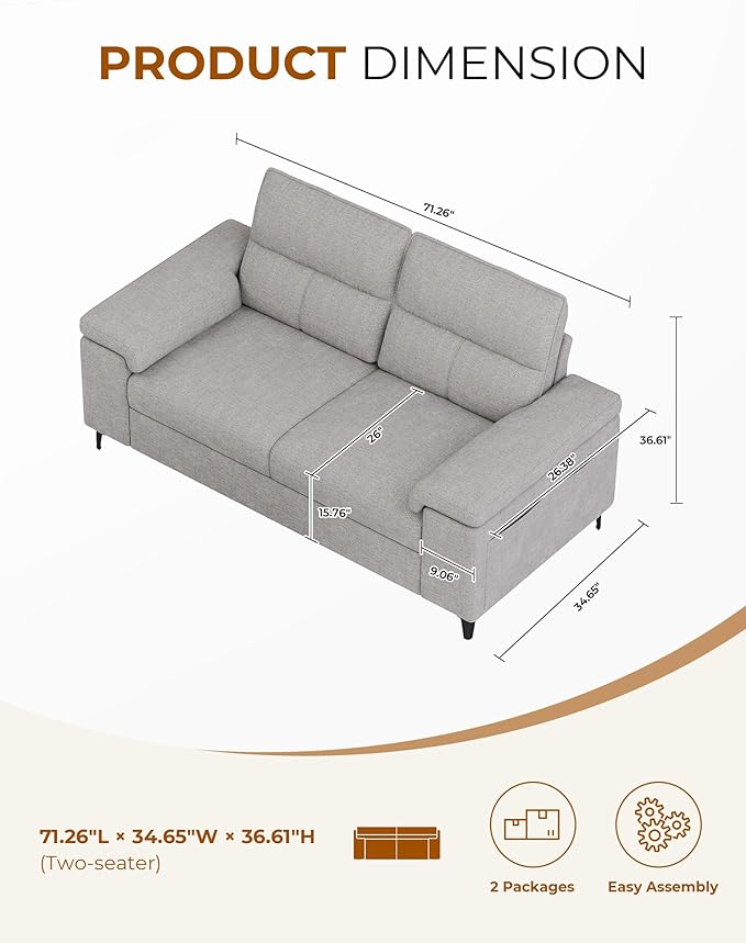 Upvilla 71.25" Modern Couches for Living Room, Deep Seat Sofa with 8” Cushion, Comfy 2-Seater Chenille Loveseat with Convertible Armrest, Removable Sofa Cover, High Leg(Light Gray)
