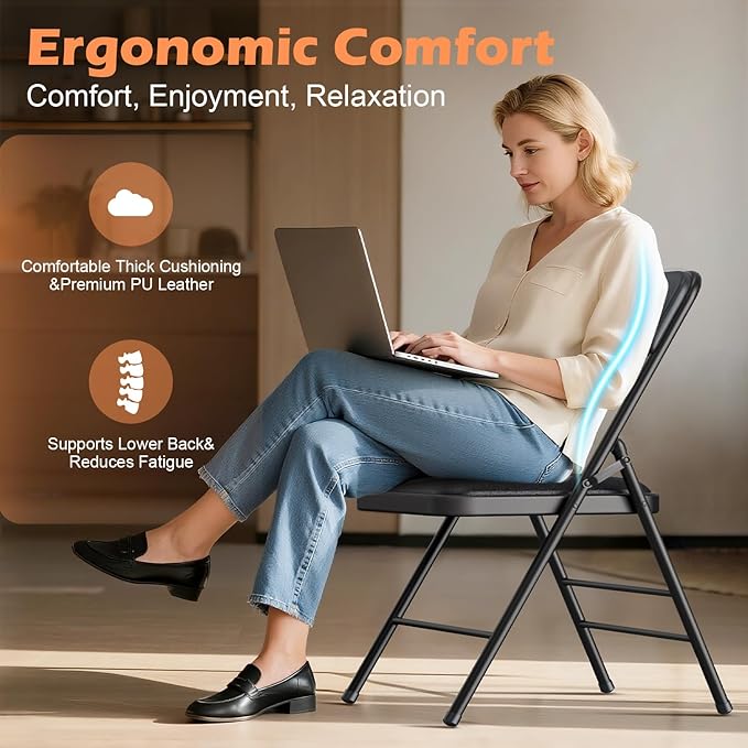 Commercial Grade Folding Chair with Padded Fabric Cushion（16"X16" |Double-hinged Legs Luxury Style|4.5kg Capacity Max Weight 150Kg for Home and Office,Indoor and Outdoor Events (2, PU-Black)