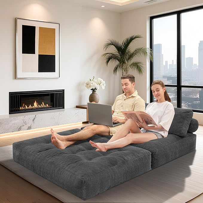 HABUTWAY Folding Sofa Bed, Foldable Floor Sofa Lounge w/Dual-Pillow & Handle, Convertible Sleeper Chair Bed w/Back Support for Living Room, Bedroom, Apartment, Office, Grey, Full