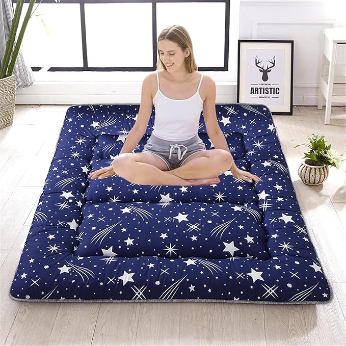 Japanese Floor Mattress,Thicken Japanese Floor Sleeping Pad Foldable,Roll Up Tatami Mat Easy to Store and Portable,Futon Mattress Suitable for Camping and Guest Room (Starry Blue, Twin (80" x 36"))