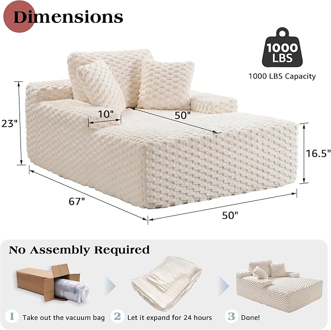 Jocisland 67 inch Chaise Lounge, No-Assembly Sofa Chaise with Throw Pillows and Armrests, Faux Fur Sleeper Sofa for Living Room, Apartments, Beige