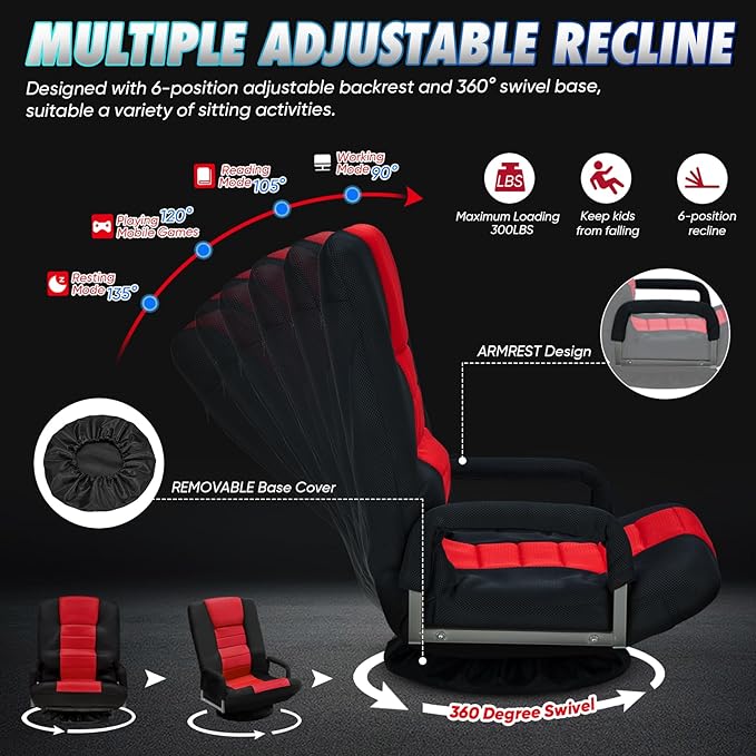 Swivel Gaming Chair 360 Degree Multipurpose Floor Chair w/Armrest & 6 Adjustable Postions Backrest for Adults & Kids, for Reading, Gaming, Watching, Relaxing, Red