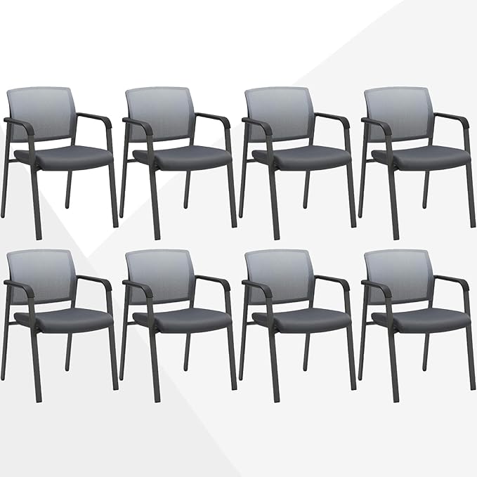 CLATINA Mesh Back Stacking Arm Chairs, Office Reception Guest Chair, Desk Chair No Wheels Ergonomic Lumbar Support and Thickened Seat Cushion for Waiting Conference Room Grey (8 Pack)