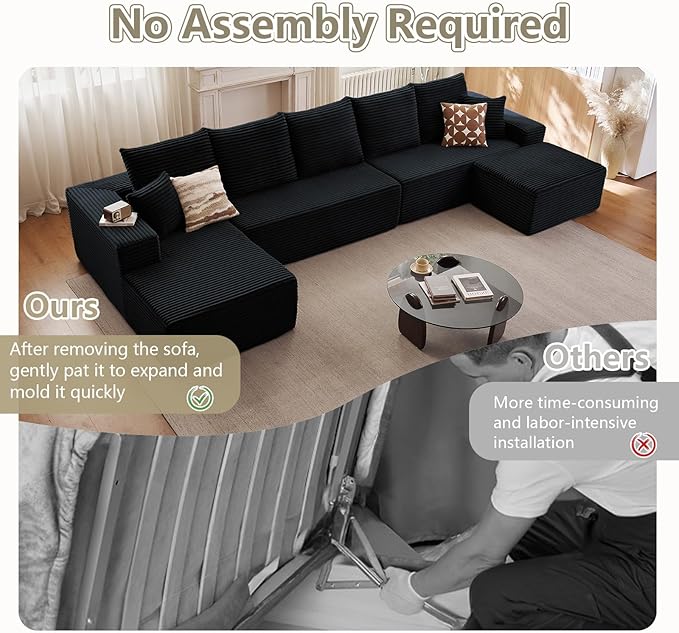 Lakifun 166.9" L-Shape Sofa with Ottoman, Modern Modular Sectional Comfy U-Shape Cloud Couch, Deep Seat, Upholstered Corduroy Sleeper Chaise Longue for Living Room Bedroom, No Assembly Required, Black