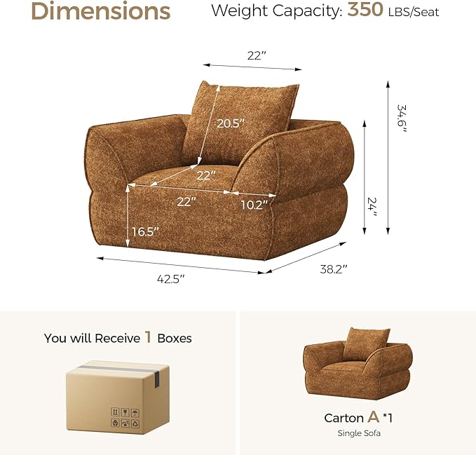 42.5" Single Cloud Sofa, Boneless Couch for Small Spaces, Modern Comfortable Upholstery Sofas with Pillows for Living Room, Apartment, Dorm, Office, Removable Cover, No Assembly Required, Orange