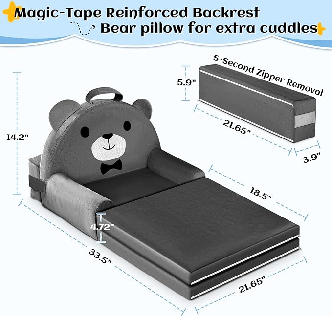 ORWIPO Kids Sofa Bed with Removable Washable Cover & Magic-Tape Backrest – Foldable Toddler Chair, Cozy Crystal Velvet Furniture for Playtime, Naps & Travel (Dark Gray, Bear Design)